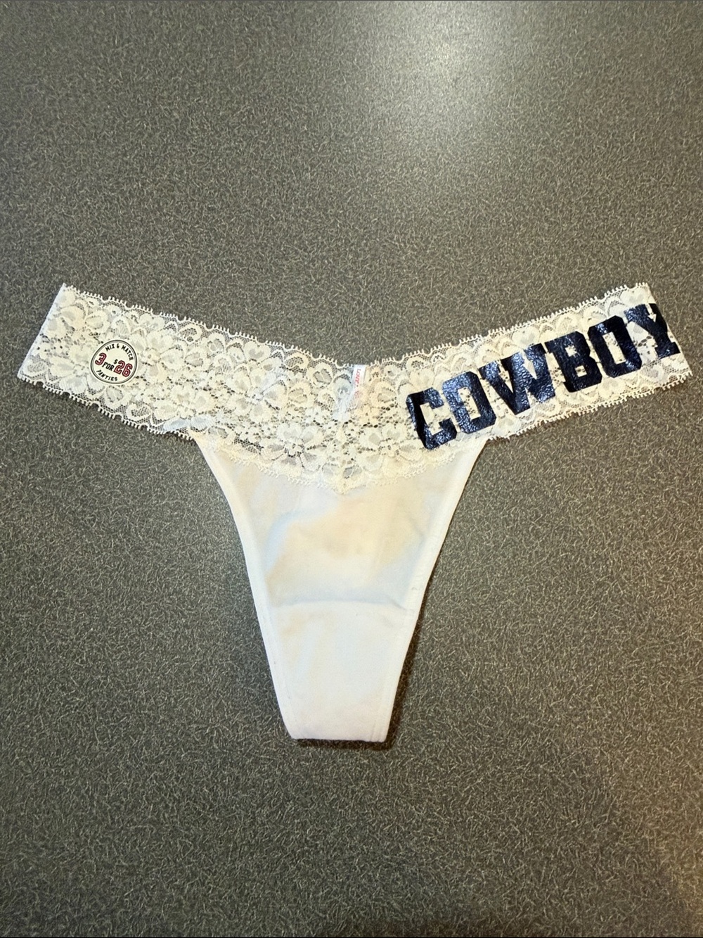 Victoria's Secret White Lace Thong with Navy 'COWBOYS' on Waistband